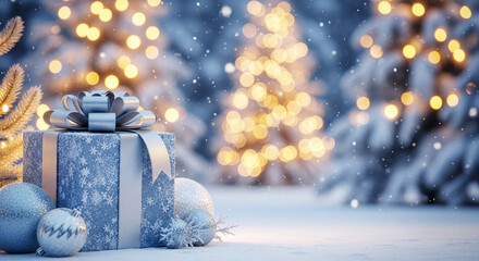 Silver and blue present with ribbon, ornaments and snowy branch on snowy background. It showcases festivity and a celebration in winter season