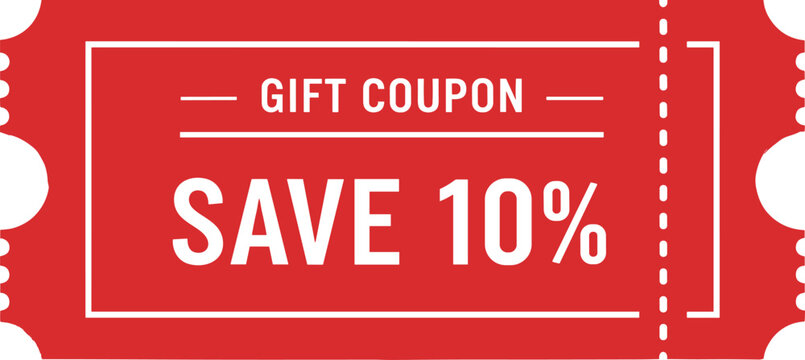 Red gift coupon ticket design offering a ten percent discount, promotional voucher graphic, special offer savings label, retail marketing sale element