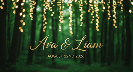 Blurred green forest background with bokeh lights, gold text, event announcement. Representative of celebration, wedding, or other special occasion backdrop.