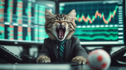 Cat Boss Yelling in Office While Analyzing Stock Market Trends and Data