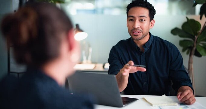 Man, notebook and job interview in office at recruitment company, laptop and question for onboarding process. People, HR manager and discussion for employee assessment, writing or checklist at agency