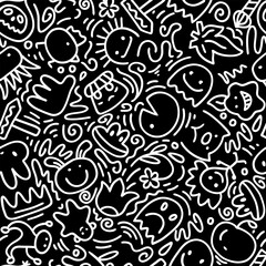 Funny black line doodle seamless pattern. Creative abstract squiggle style drawing background.
