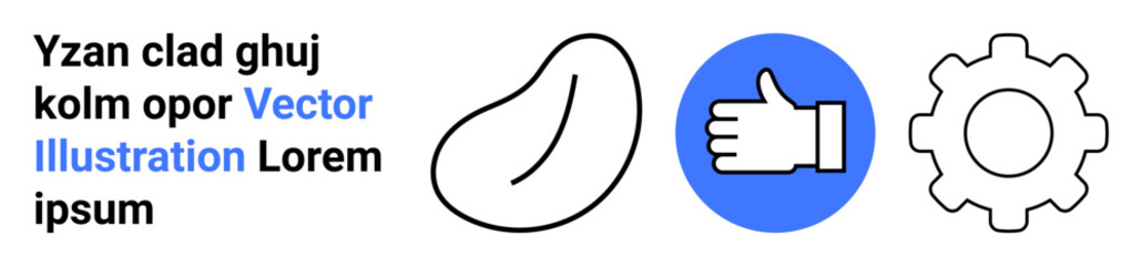 Business processes, user feedback, workflow, manufacturing, digital design, teamwork. Bean shape, thumbs up in a blue circle gear icon. Business processes and user feedback concept