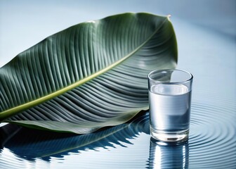 Close-up of Banana Leaves With Glass Ripple Effect and Water on a White Background