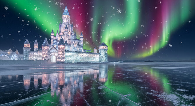 Icy castle under aurora lights, with snowflake accents, reflecting on a frozen lake, showcasing winter magic, dream, or fantasy concept - Powered by Adobe