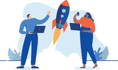 Business rocket launch - Man and woman at work with laptop computer watching spaceship takeoff. Flat design cartoon vector illustration with white background.