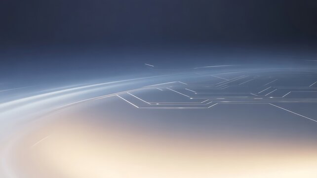Abstract digital circuit board lines glow softly over a gradient horizon suggesting futuristic technology and data flow - Powered by Adobe