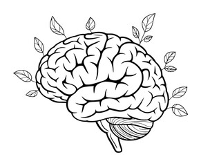 Black and white line of a human brain with leafy branches anatomy leaves