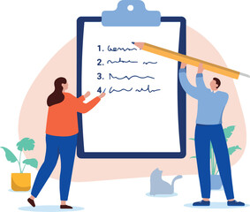 Business steps - People writing bullet point list on white clipboard to plan progress, project goals and development. Flat design vector illustration with white background