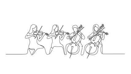 Continuous line drawing of string quartet musicians playing instruments