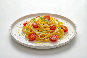 Freshly made tagliatelle pasta with cherry tomatoes and basil on a light gray plate