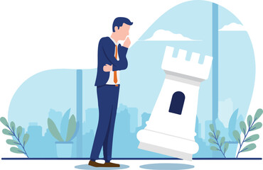 Business strategy planning - Businessman contemplating in front of chess piece with blue and white background. Strategic person concept.