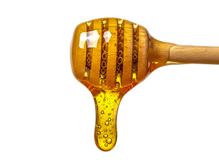 Honey dipper with dripping golden honey isolated on transparent background