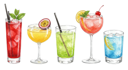 five vibrant watercolor mocktails (crimson, yellow, green, blue) in various glasses (highball, coupe, rock) on a transparent background, precise wet-on-wet technique, detailed botanical garnishes.