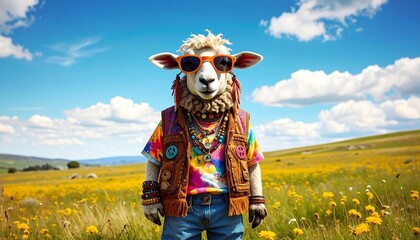 Humorous Hippie Sheep in Sunglasses and Tie-Dye Vest Standing in a Sunny Yellow Flower Field