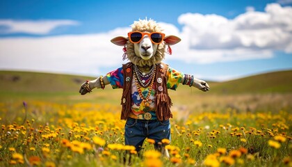 Humorous Hippie Sheep in Sunglasses and Tie-Dye Vest Standing in a Sunny Yellow Flower Field