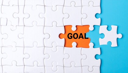 Fototapeta premium Achieving the Goal: Missing Puzzle Piece with 'GOAL' Text on Blue Background for Strategy and Success Concept