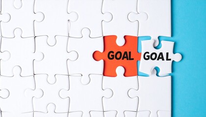 Fototapeta premium Achieving the Goal: Missing Puzzle Piece with 'GOAL' Text on Blue Background for Strategy and Success Concept