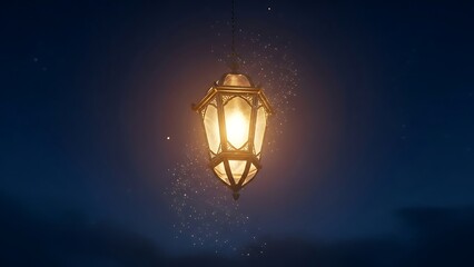 Elegant Vintage Lantern Illuminating the Night Sky with Warm Glow and Sparkling Particles, Creating a Cozy and Mystical Atmosphere for Holiday or Romantic Settings