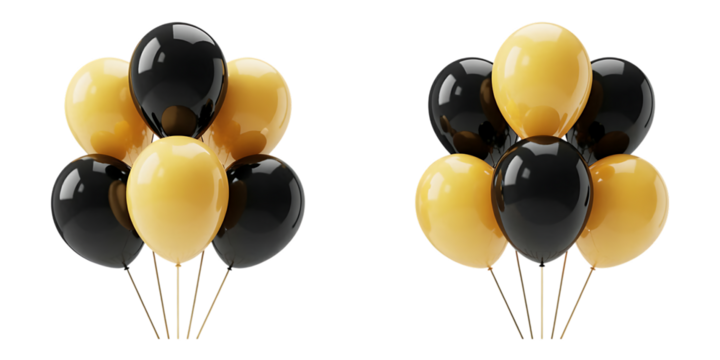 Two bunches of yellow and black balloons isolated on white background - Powered by Adobe