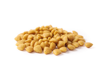 Isolated pile of kibbles or pet food.  Hydrolyzed soy protein pet food. Veterinarian prescribed hypoallergenic diet for cats or dogs. Low molecular weight peptides. Selective focus.