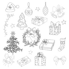 Hand drawn Christmas decorations and gift boxes doodle vector set with tree, baubles, wreath and festive holiday elements