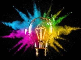 Bright light bulb exploding with colorful paint splashes against dark background