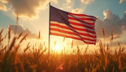 American flag waves in tall grass field at sunset. United States flag flying high with sun shining through. Flagpole stands tall in wheat or grass field with cloudy sky.