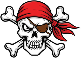 Pirate skull with bandana, eye patch, crossed bones, aggressive grin, Jolly Roger symbol, bold design, flat vector illustration