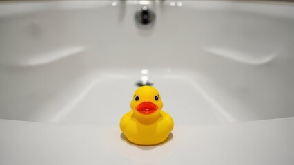 Yellow rubber ducky in a white bathtub, ready for bath time fun.