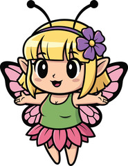 Cartoon fairy character with pink wings, flower skirt, cheerful expression, fantasy theme, kids illustration, magical creature, flat vector illustration
