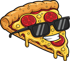 Cartoon pizza slice with sunglasses, smiling face, melted cheese, tomato topping, fun food character, flat vector illustration