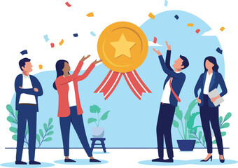 Business team achievement - Group of cheerful businesspeople celebrating award medal with confetti and smiling. Teamwork winners concept in flat design vector illustration with white background