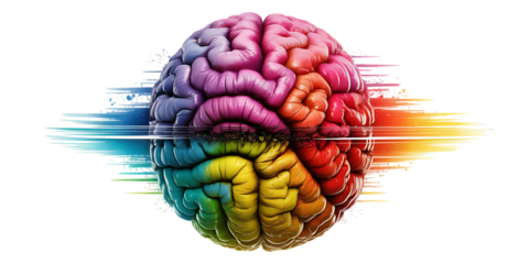 Colorful human brain with glitch effect isolated on white background