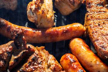 Pork chops, steak, sausages on barbecue grill