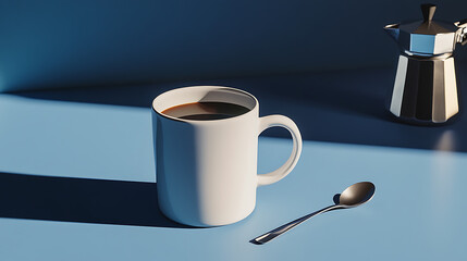 A steaming mug of coffee sits alongside a moka pot on a blue table, ready to invigorate the senses.  A spoon rests nearby, promising a perfectly stirred brew.