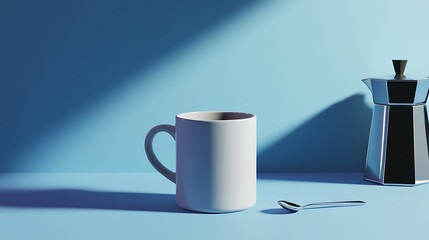 Coffee time still life featuring a white mug, a Moka pot, and a silver spoon, all bathed in a cool blue light against a minimalist backdrop. Clean and simple.