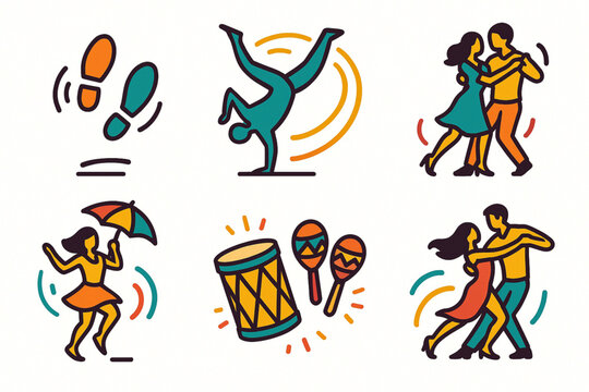 Brazilian dance vector icon set with samba capoeira forr&oacute; frevo maracatu and lambada