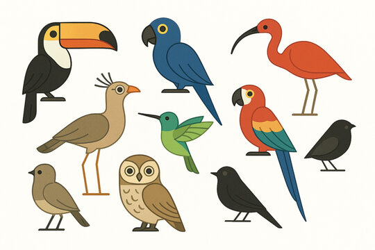 Brazilian bird vector icon set with toucan macaw ibis seriema hummingbird arara owl and songbirds