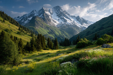 Obraz premium Alpine meadow in Austria with wildflowers and snow-capped mountain peaks at golden hour