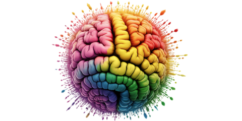 Colorful brain exploding with ideas isolated on white background