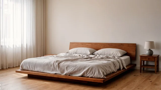 Japandi bedroom with low wooden bed and soft warm light