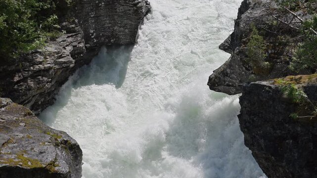 Water Flows Through Rocky Canyon. Norway, Scandinavia.