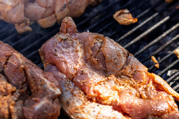 Pork chops, steak, sausages on barbecue grill