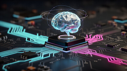 Ai digital brain glowing on circuit board with neon data lines