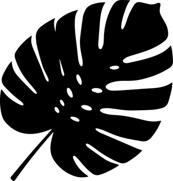 A black silhouette of a monstera leaf with characteristic holes and deep cuts on a white background
