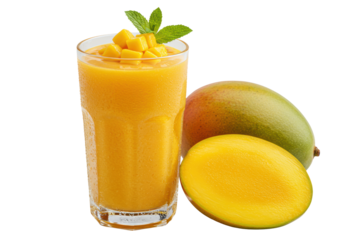 Vivid, creamy orange mango smoothie in a highball glass, garnished with diced mango and mint, beside ripe sliced fruit, isolated high-key on white for copy space. Concept for tropical beverage
