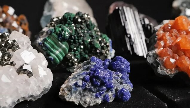 mesmerizing panning shot of a vibrant natural geological raw mineral and crystal collection featuring amethyst quartz malachite azurite tourmaline and sparkling gemstones on a dark background display
