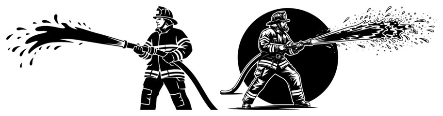 Firefighter silhouettes spraying water with hose, vector illustration of firemen in action, emergency rescue service design
