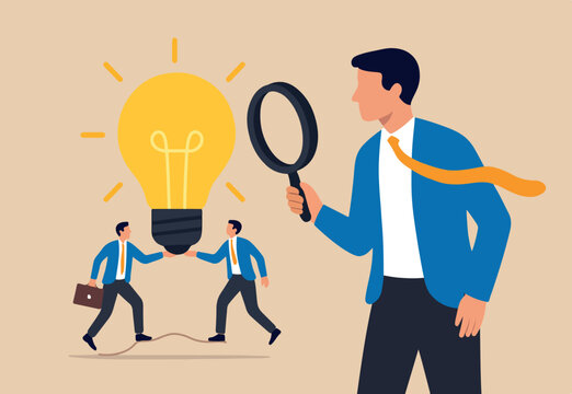 Business viability checking, validate idea by market research to see possibility to success in real world, evaluate profitable of business idea, businessman with magnifier analyze lightbulb idea.